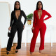 Fashionable women's sexy V-neck long sleeved diamond hot stamping bag arm jumpsuit new