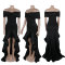 One shoulder strapless, hip hugging, elastic waist cinching, floor mopping lace dress