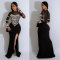 Sexy rhinestone see through patchwork slim fit split elastic dress
