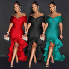 One shoulder strapless, hip hugging, elastic waist cinching, floor mopping lace dress