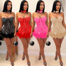 Women's hot stamping, nail bead, sexy mesh, see through nightclub jumpsuit, feather