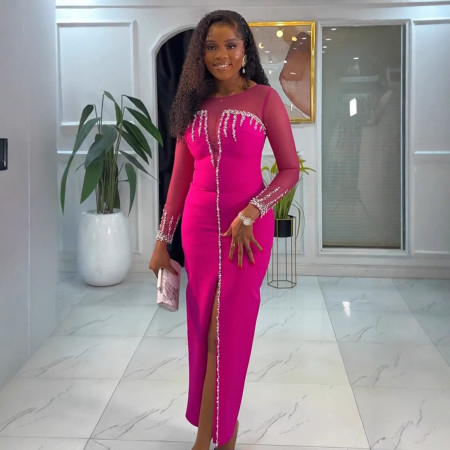 Sexy rhinestone see through spliced slit dress