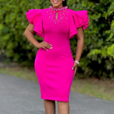 New Fashionable Sexy Lotus Leaf Sleeve Nail Bead Party Dinner Dress African Dress