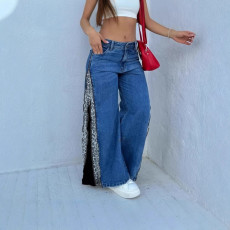 Fashionable design jeans sexy spicy girl zipper slit leopard print splicing high waist wide leg pants for women