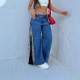 Fashionable design jeans sexy spicy girl zipper slit leopard print splicing high waist wide leg pants for women