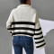 New striped contrasting stand up collar knitted pullover sweater for external wear, sold directly