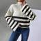 New striped contrasting stand up collar knitted pullover sweater for external wear, sold directly