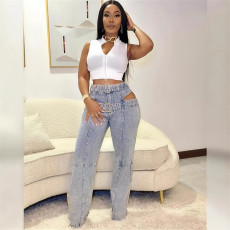 Sexy and spicy girl style high waist design with hollowed out denim belt decoration, solid color straight leg pants for women
