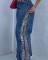 Fashionable design jeans sexy spicy girl zipper slit leopard print splicing high waist wide leg pants for women