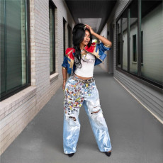 Women's fashion, individuality, street fashion, versatile features, bottle cap, perforated jeans, straight leg pants
