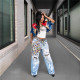 Women's fashion, individuality, street fashion, versatile features, bottle cap, perforated jeans, straight leg pants