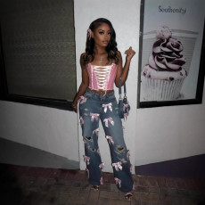 Y2k street hot girl bow washed ripped jeans pants JEANS