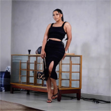 Black lace knitted short suspender slit lotus leaf edge skirt set skirt