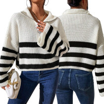 New striped contrasting stand up collar knitted pullover sweater for external wear, sold directly