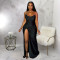 New solid color slit sexy strapless evening dress with cinched waist
