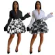 Fashion women's clothing source: long sleeved lapel printed waist cinching short skirt set