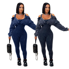 Fashionable women's hot washed distressed sexy off shoulder tight jumpsuit new