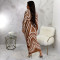 Hot selling color printed sexy V-neck long sleeved slit dress long skirt