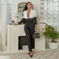 Popular green fruit collar suit with contrasting color splicing casual two-piece set for autumn