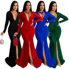 Women's solid color sexy V-neck slit temperament bag hip long skirt dress