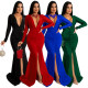 Women's solid color sexy V-neck slit temperament bag hip long skirt dress