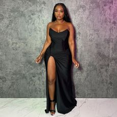 New solid color slit sexy strapless evening dress with cinched waist
