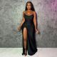 New solid color slit sexy strapless evening dress with cinched waist