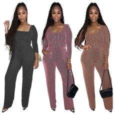 Fashion women's distressed thread set long sleeved pocket drawstring two-piece set for autumn and winter