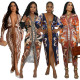 Hot selling color printed sexy V-neck long sleeved slit dress long skirt