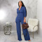 Women's V-neck zipper pocket wide leg long sleeved distressed jumpsuit