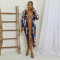Hot selling color printed sexy V-neck long sleeved slit dress long skirt