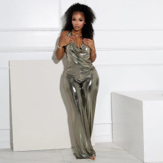 Popular women's clothing with a swinging collar, hanging neck, exposed back, wide leg jumpsuit for women