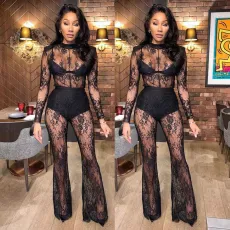 Explosive lace see through sexy nightclub plus size jumpsuit