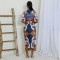 Hot selling color printed sexy V-neck long sleeved slit dress long skirt