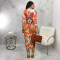 Hot selling color printed sexy V-neck long sleeved slit dress long skirt