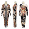 Hot selling color printed sexy V-neck long sleeved slit dress long skirt