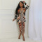 Hot selling color printed sexy V-neck long sleeved slit dress long skirt