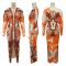 Hot selling color printed sexy V-neck long sleeved slit dress long skirt