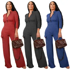 Women's V-neck zipper pocket wide leg long sleeved distressed jumpsuit