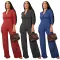 Women's V-neck zipper pocket wide leg long sleeved distressed jumpsuit