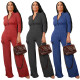 Women's V-neck zipper pocket wide leg long sleeved distressed jumpsuit