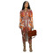 Hot selling color printed sexy V-neck long sleeved slit dress long skirt