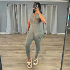 Fashion women's zippers, short sleeves, ribbed grooves, washed and worn, tight fitting jumpsuit, new