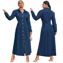 Fashionable new denim pocket long sleeved breasted jacket style dress