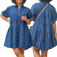 Large size new denim short sleeved elastic puffy skirt mid size dress
