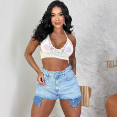 Women's streetwear fashion high waisted fringed large pocket elastic jeans