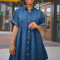 Large size new denim short sleeved elastic puffy skirt mid size dress
