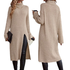 Fashionable autumn and winter loose high neck long sleeved slit new sweater dress
