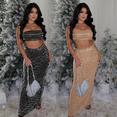 Fashionable women's sexy strapless, diamond hot stamping, hip hugging long skirt two-piece set