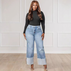 Women's solid color washed pants with folded legs and hip hugging long jeans in stock